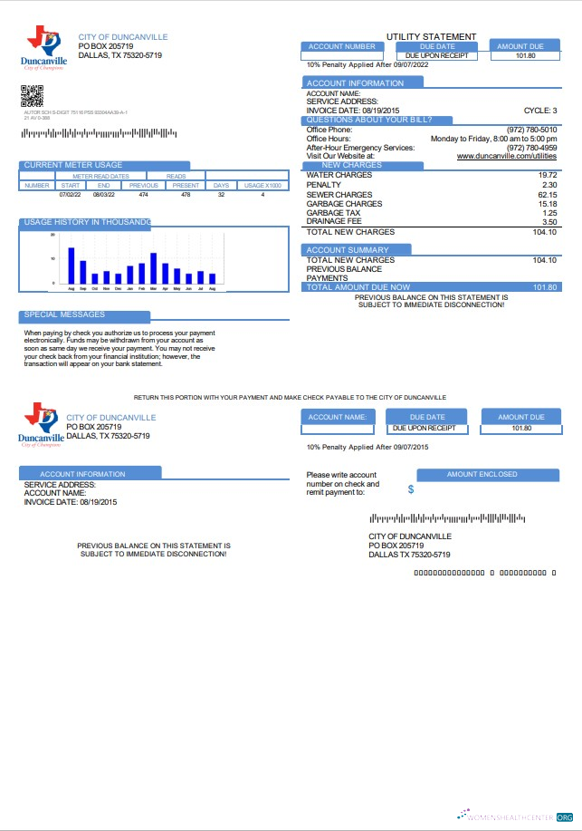 download USA Texas City of Duncanville utility bill template in Word and PDF format PDF template